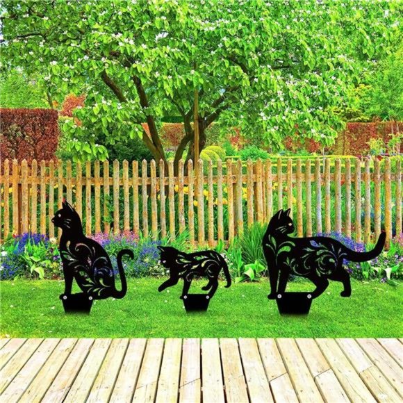 3 Pack Metal Cat Garden Statues Black Cat Silhouette Cat Decorative Garden Stake - Picture 4 of 7
